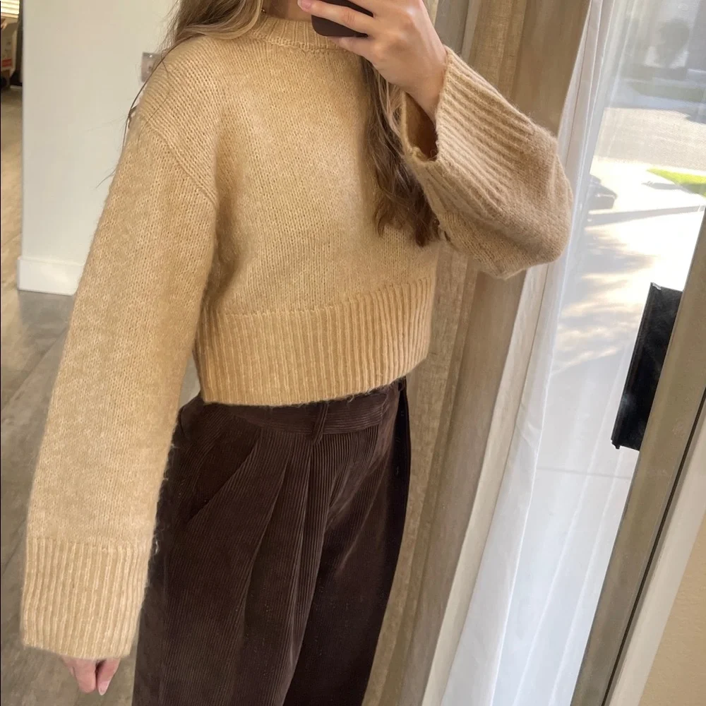 Zara Beige Ribbed Crew Neck Sweater - Picture 6 of 13